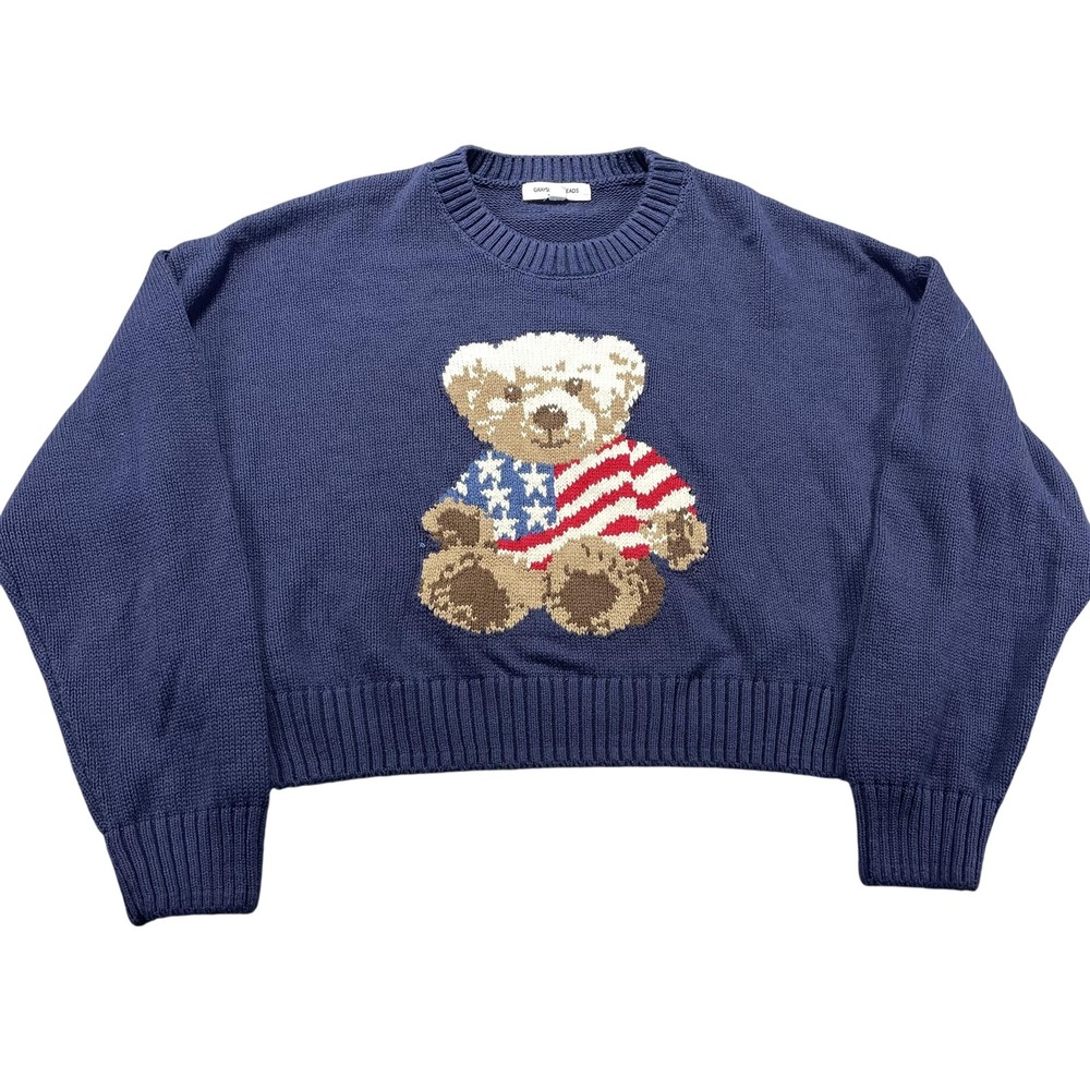 Grayson Threads Sweater Womens XL Blue Teddy Bear USA Flag Knit Pullover